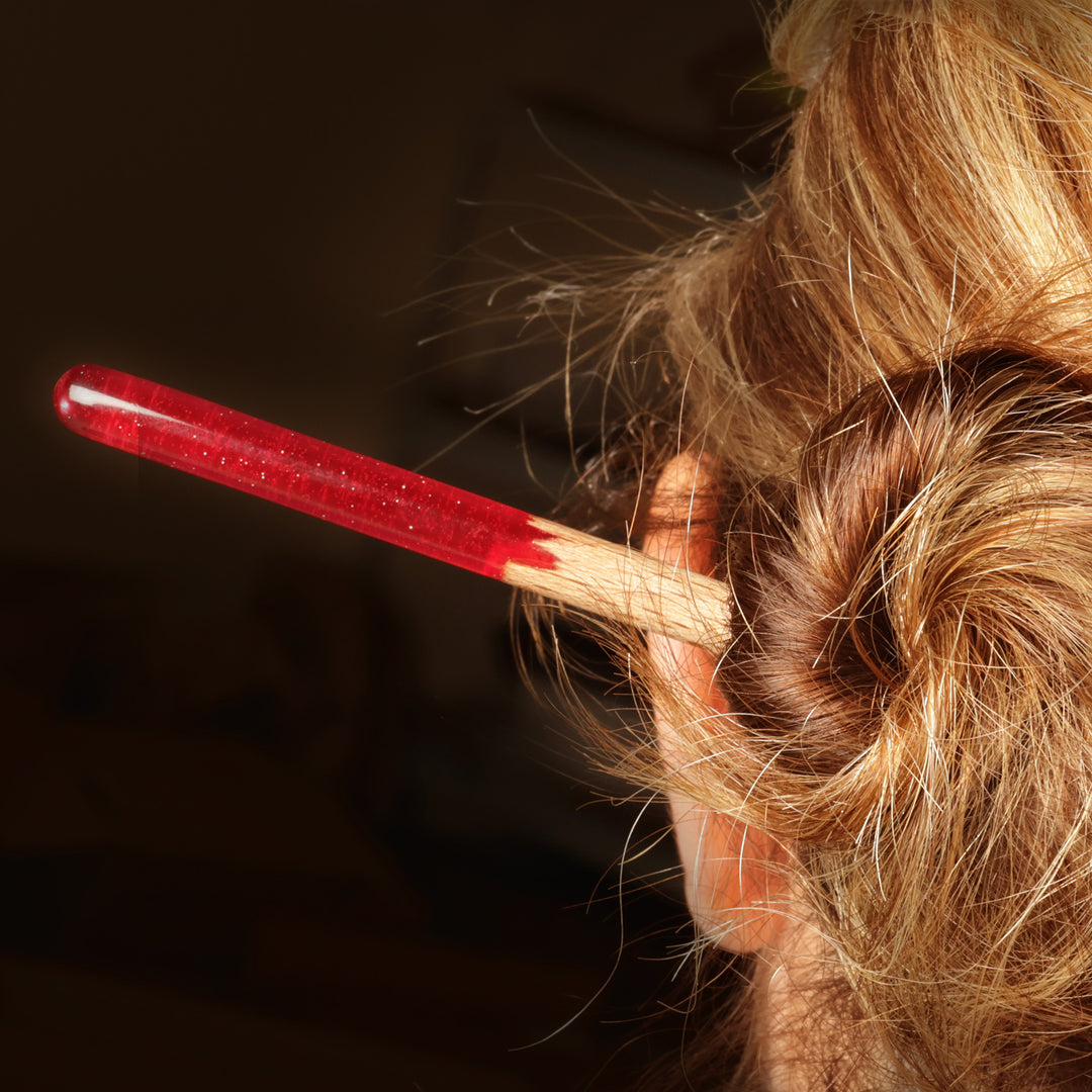 Natural Fiber Hair Pin with Hand-Painted Red Resin Accent - Lovingly Red