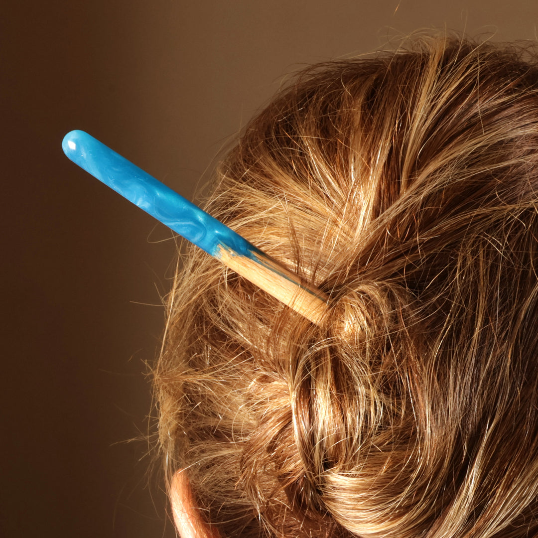 Natural Fiber Hair Pin with Hand-Painted Blue Resin Accent - Lovingly Blue