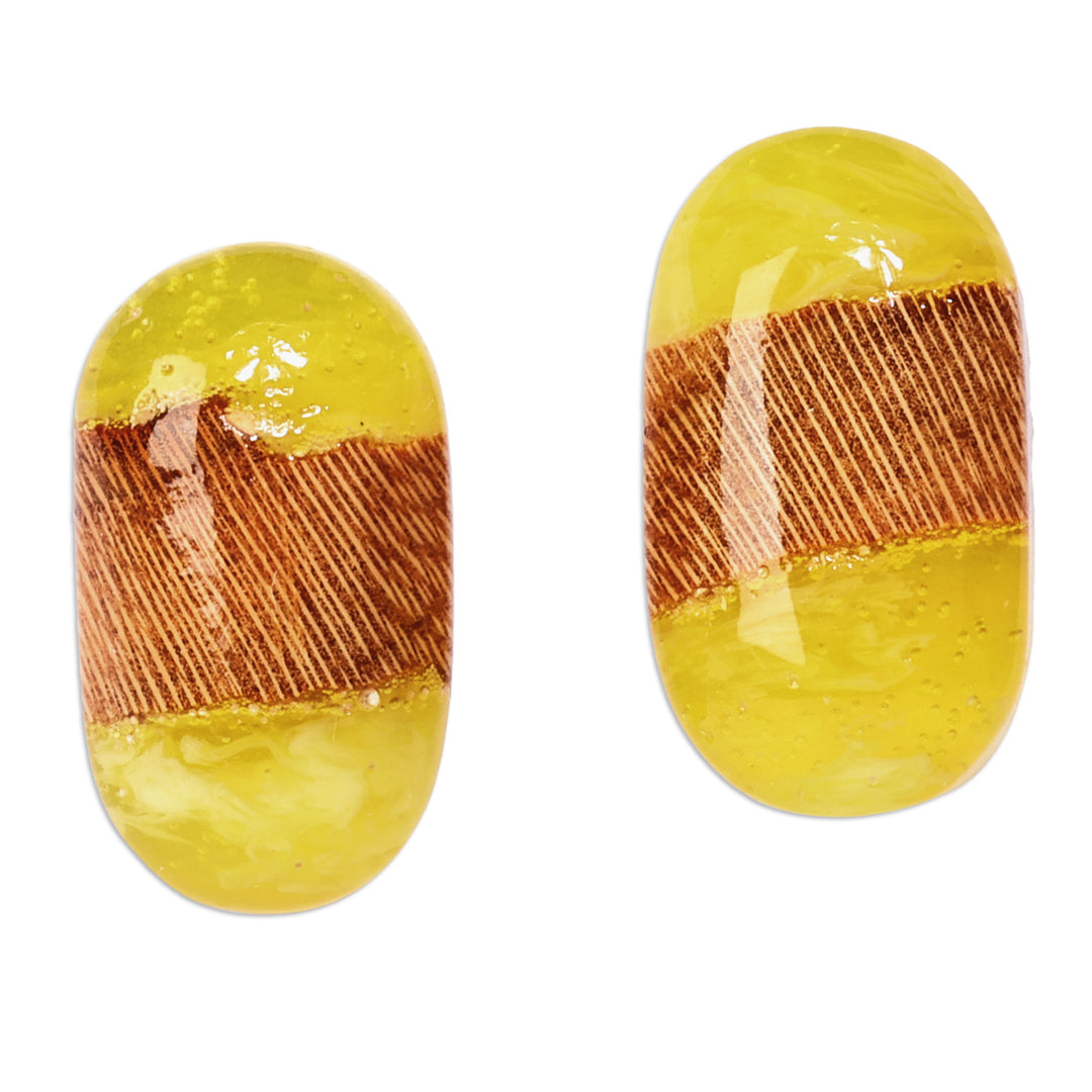 Handcrafted Lemon and Brown Apricot Wood Button Earrings - Compact Lemon