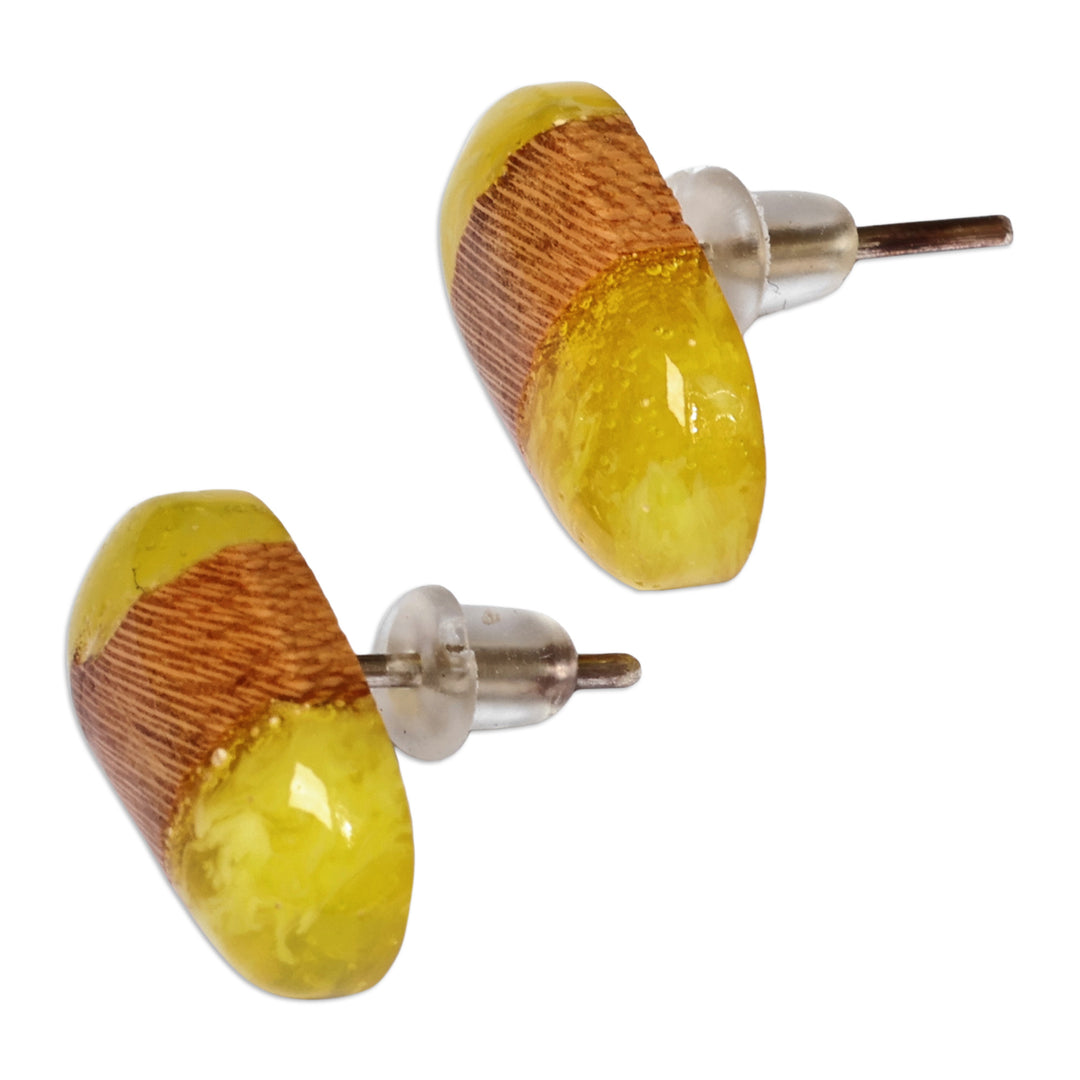 Handcrafted Lemon and Brown Apricot Wood Button Earrings - Compact Lemon