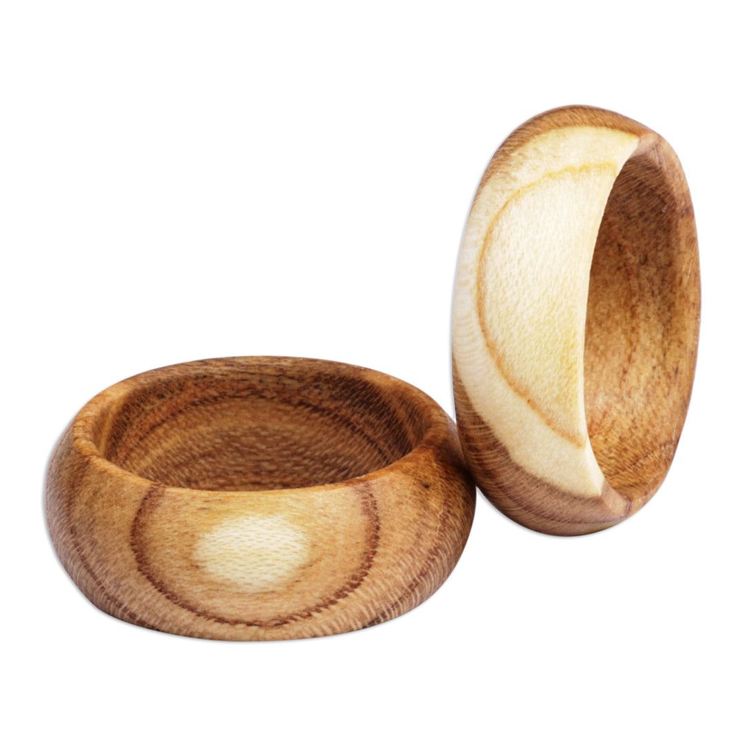 2 Hand-Carved Apricot Wood Band Rings with Natural Finish - Natural Duo