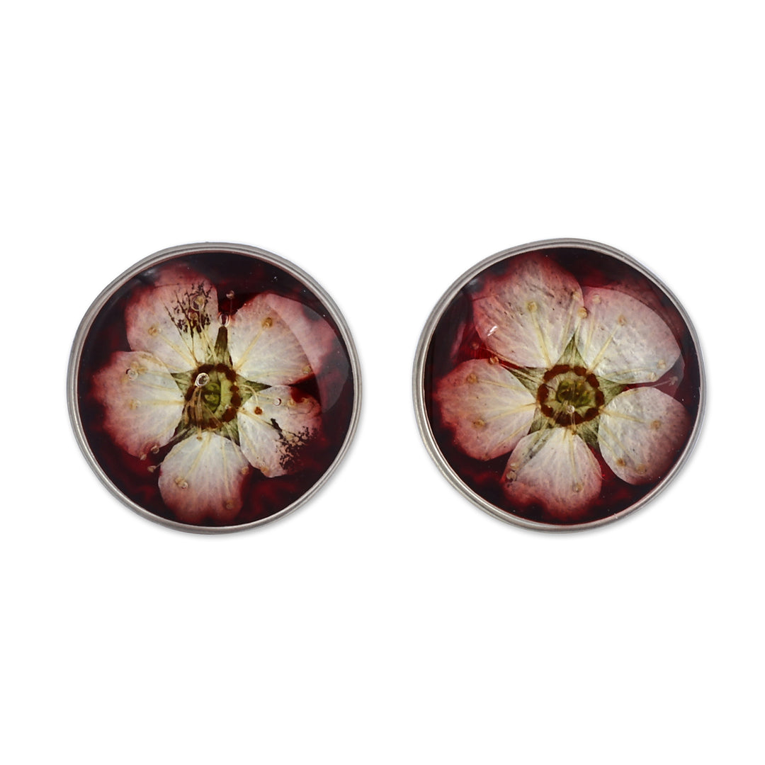 Resin-Coated Meadowsweets Flower Button Earrings in Burgundy - Luxurious Blossom