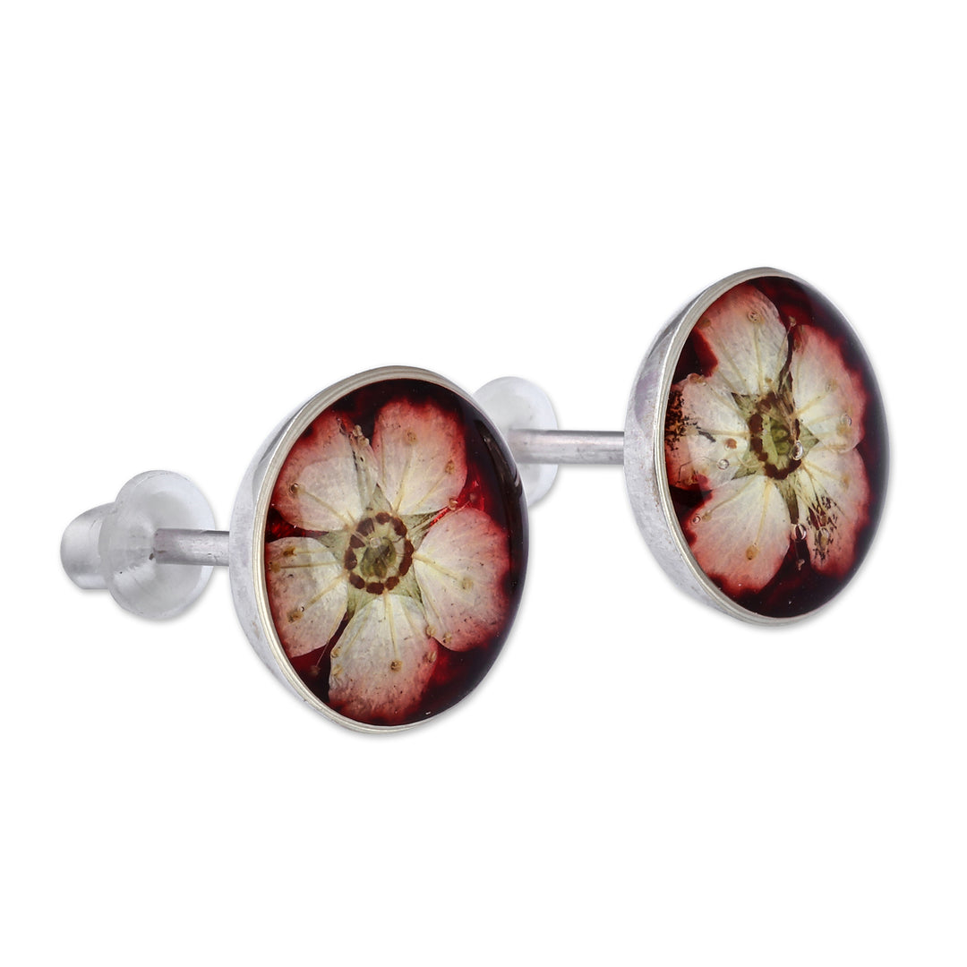 Resin-Coated Meadowsweets Flower Button Earrings in Burgundy - Luxurious Blossom