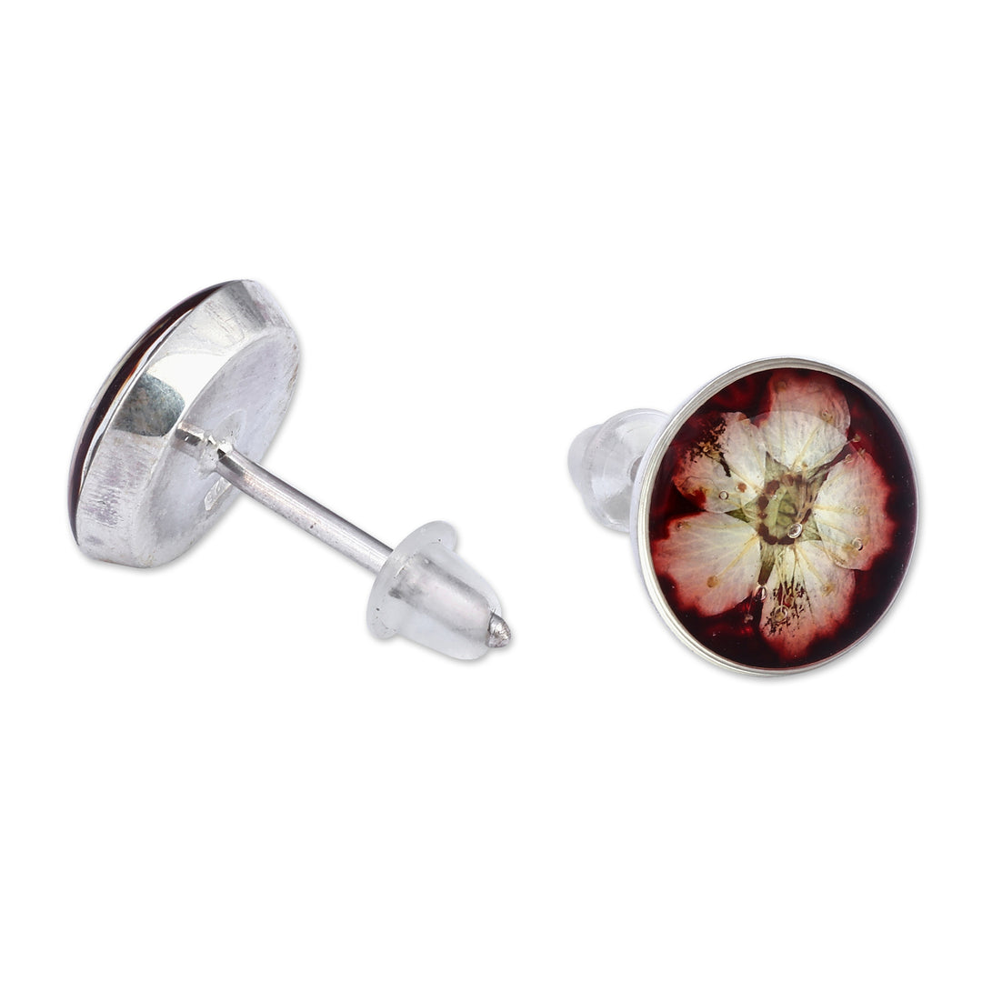 Resin-Coated Meadowsweets Flower Button Earrings in Burgundy - Luxurious Blossom