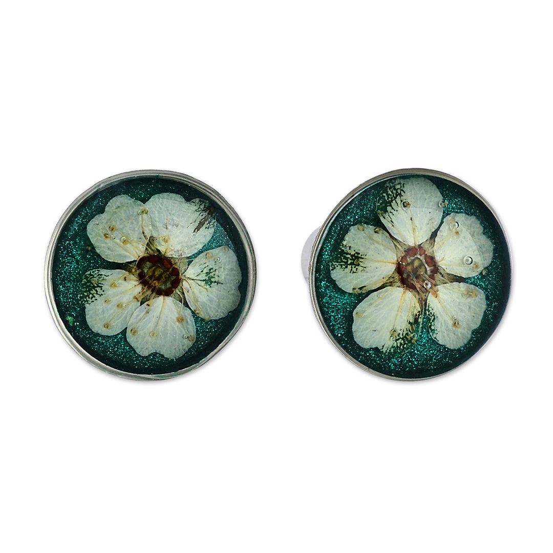 Resin-Coated Meadowsweets Flower Button Earrings in Teal - Oneiric Blossom