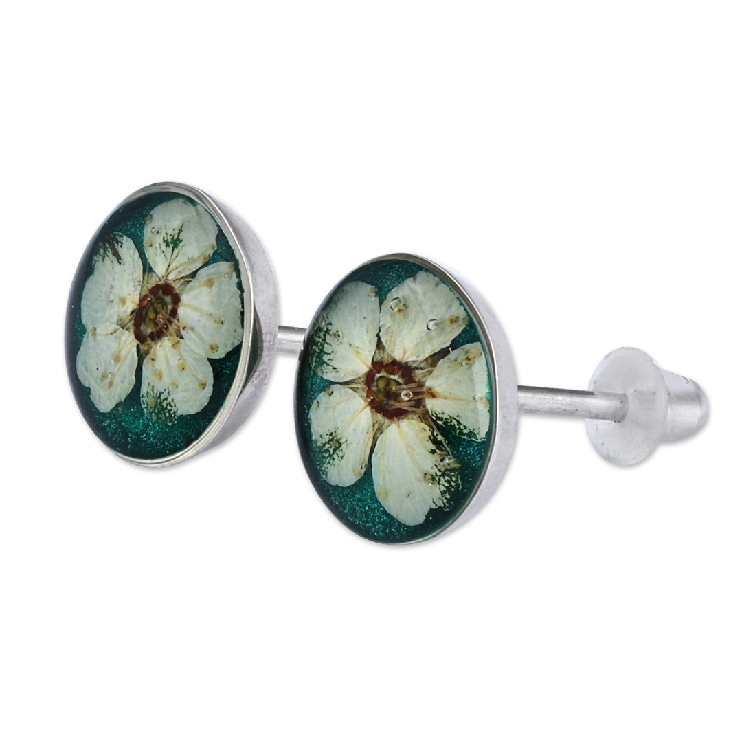 Resin-Coated Meadowsweets Flower Button Earrings in Teal - Oneiric Blossom