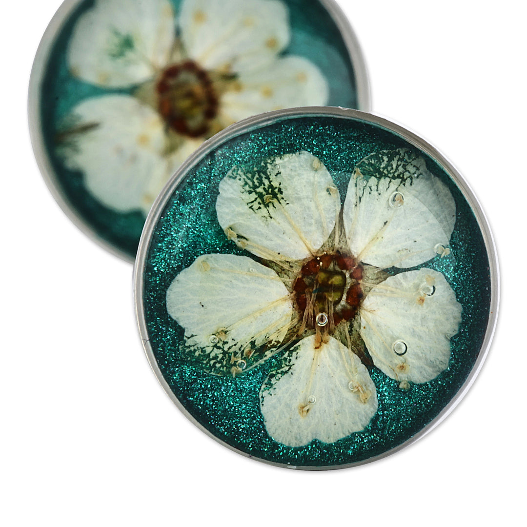 Resin-Coated Meadowsweets Flower Button Earrings in Teal - Oneiric Blossom