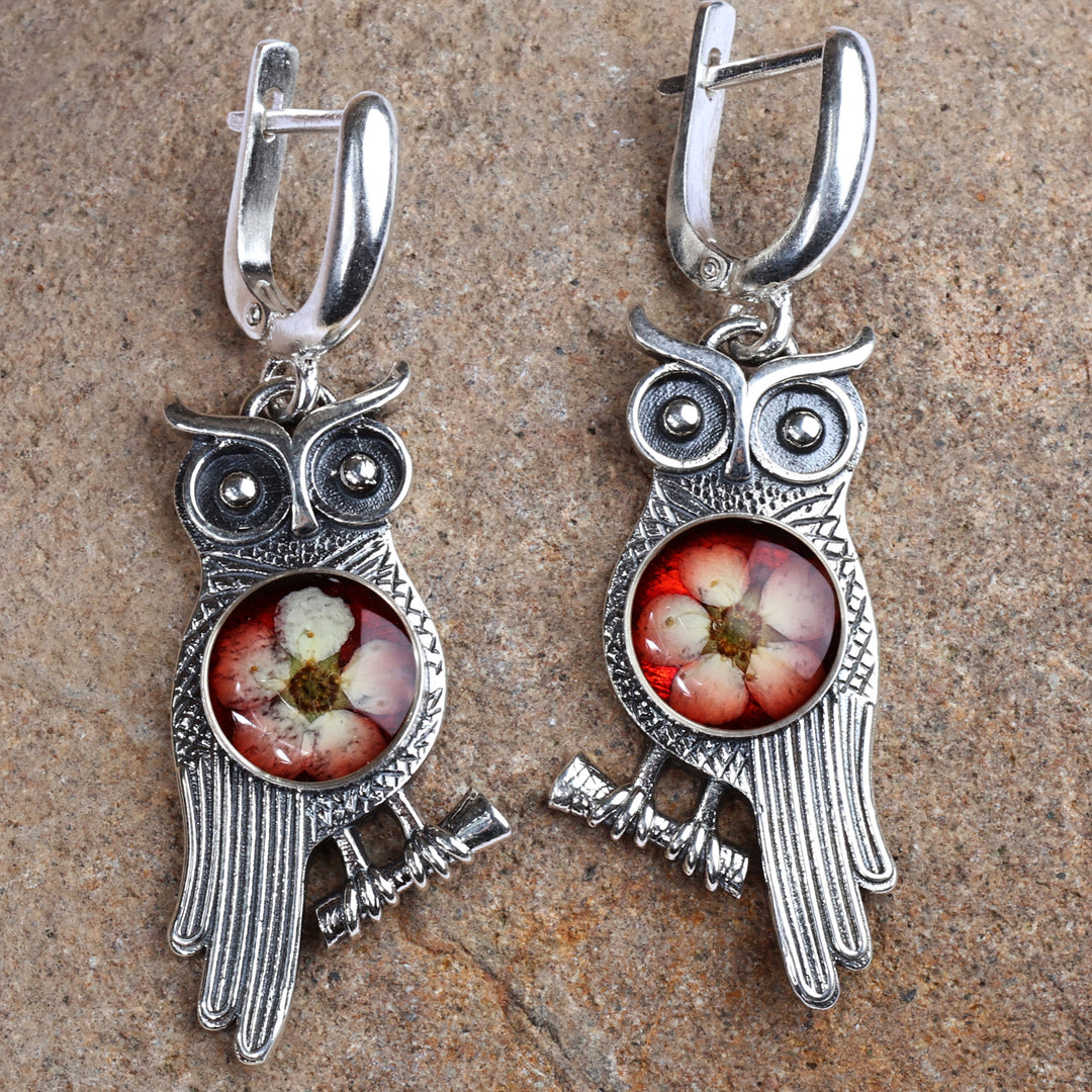 Owl-Themed Red Flower Sterling Silver Dangle Earrings - Sage's Romance