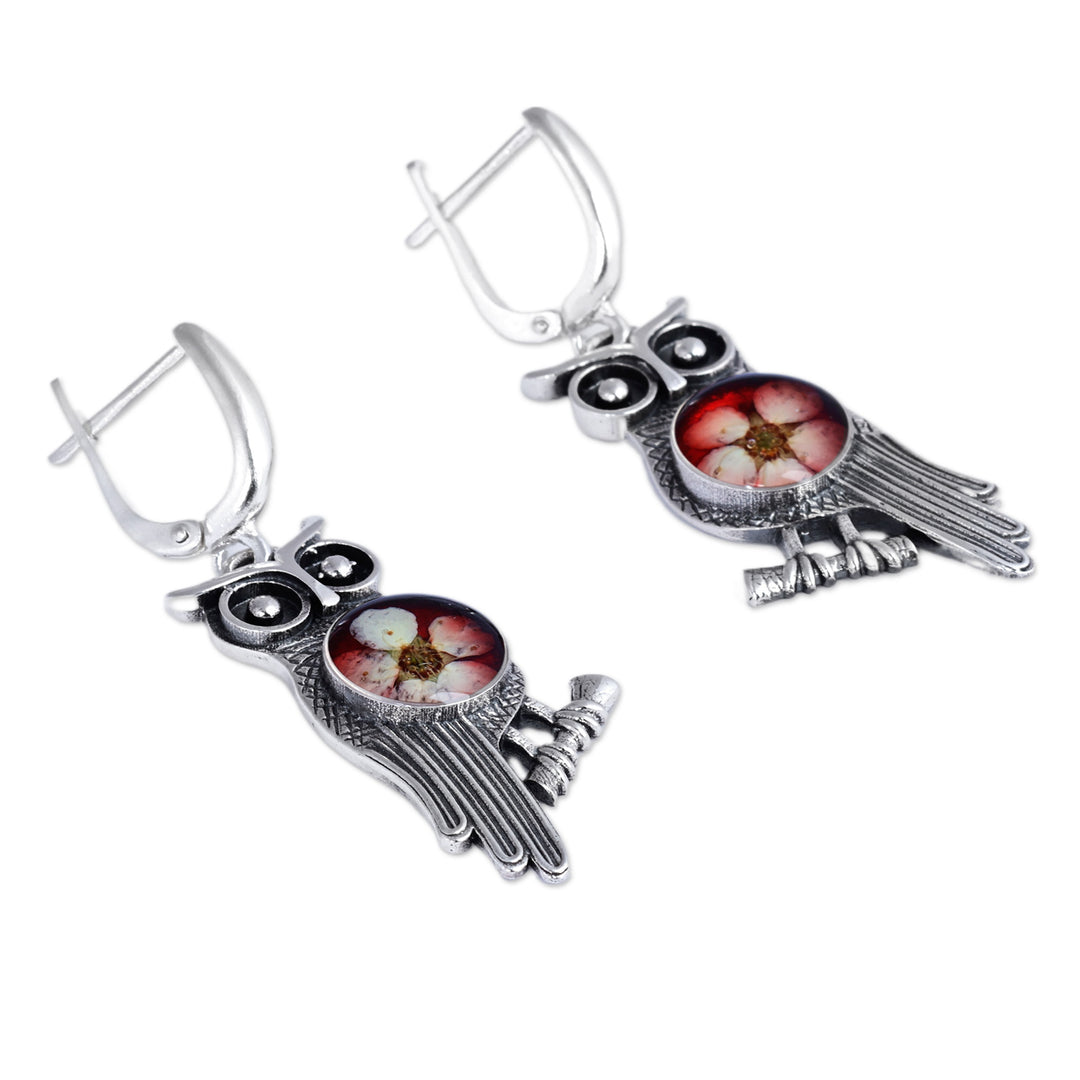 Owl-Themed Red Flower Sterling Silver Dangle Earrings - Sage's Romance