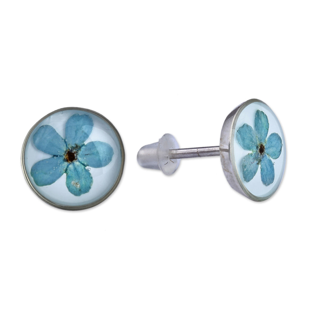 Round Resin Coated Forget-Me-Not Flower Button Earrings - Serene Blossom