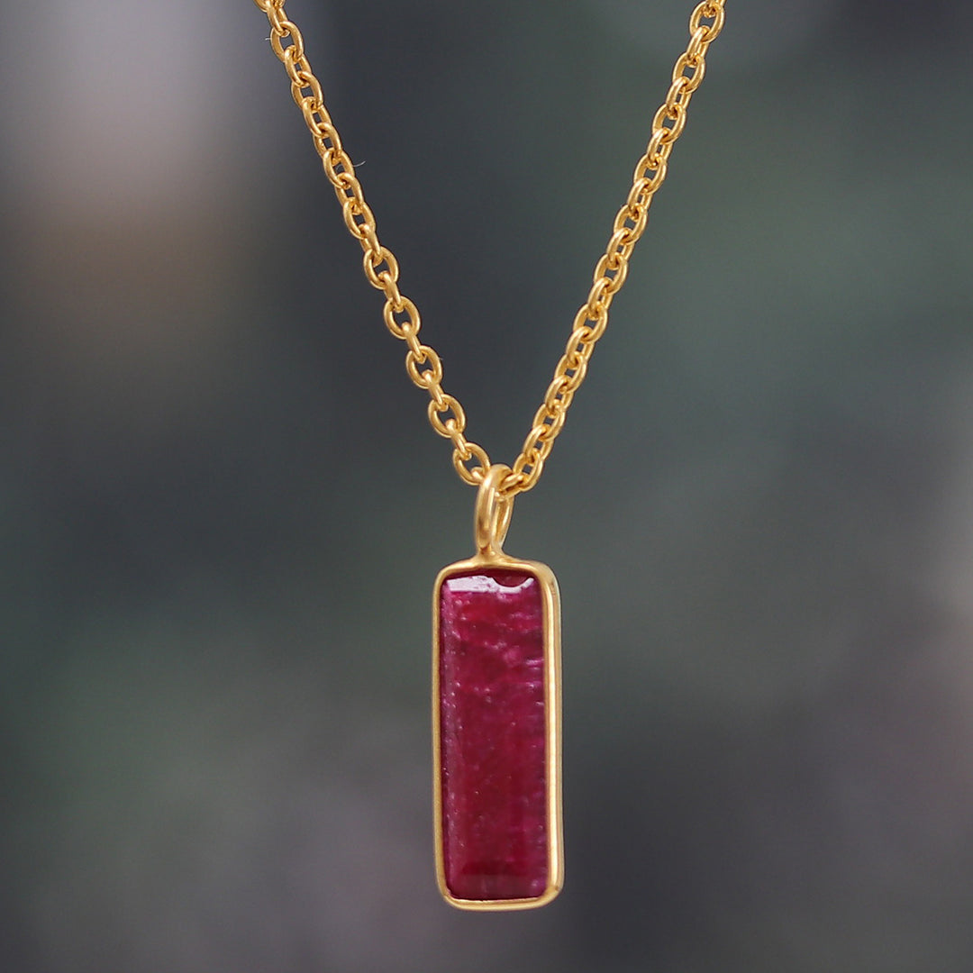 18k Gold-Plated Necklace with Rectangular Ruby Stone Pendant - Vibrant Glam