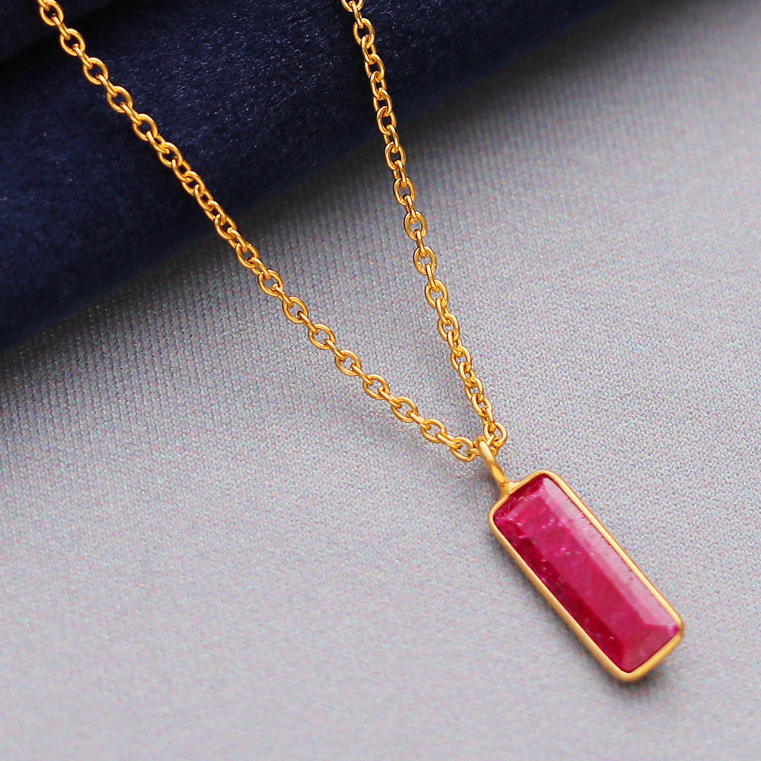 18k Gold-Plated Necklace with Rectangular Ruby Stone Pendant - Vibrant Glam