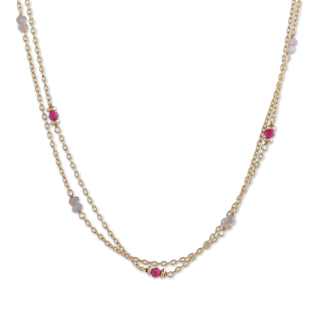 22k Gold-Plated Quartz and Labradorite Station Necklace - Wheel of Fortune
