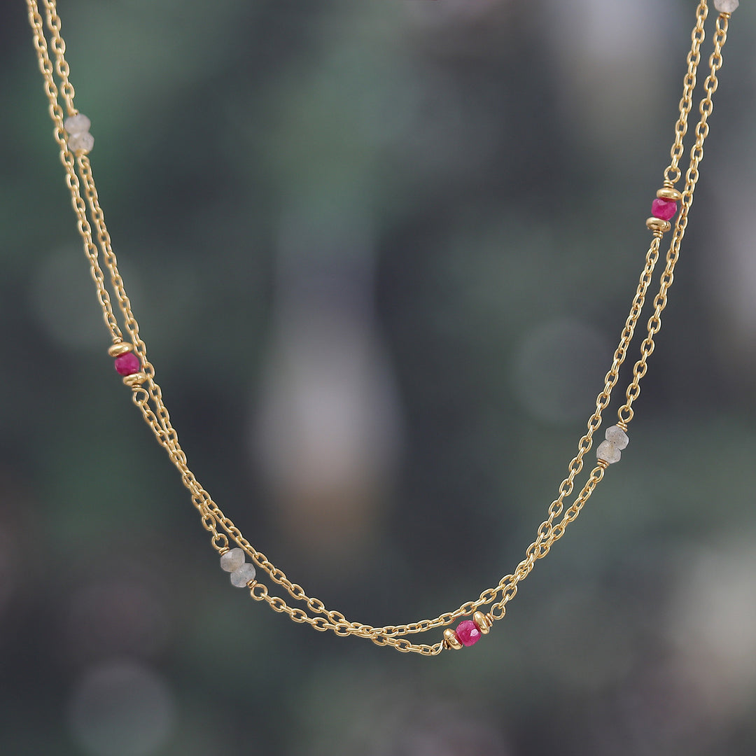 22k Gold-Plated Quartz and Labradorite Station Necklace - Wheel of Fortune