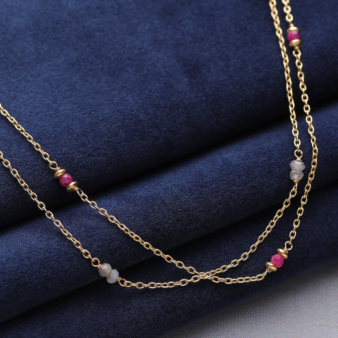 22k Gold-Plated Quartz and Labradorite Station Necklace - Wheel of Fortune
