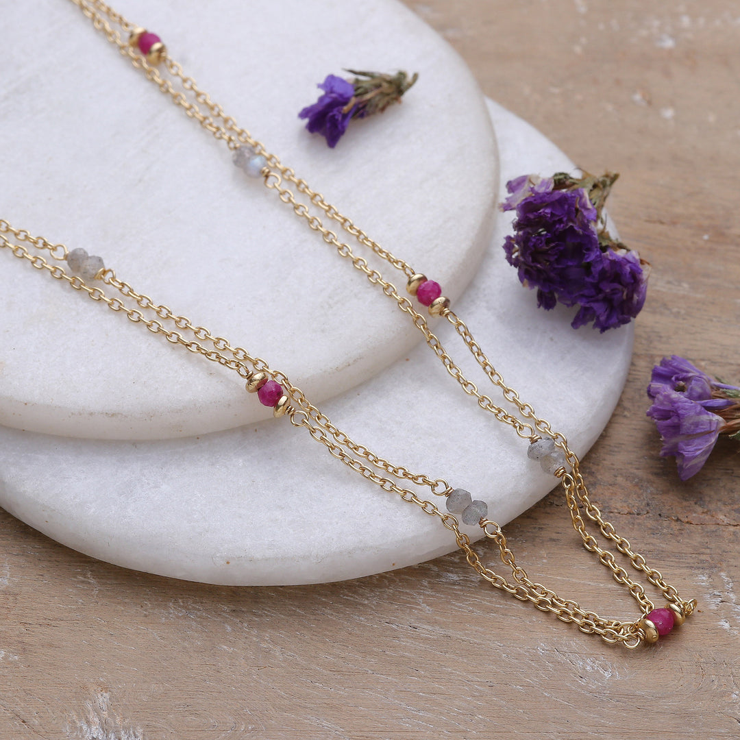 22k Gold-Plated Quartz and Labradorite Station Necklace - Wheel of Fortune
