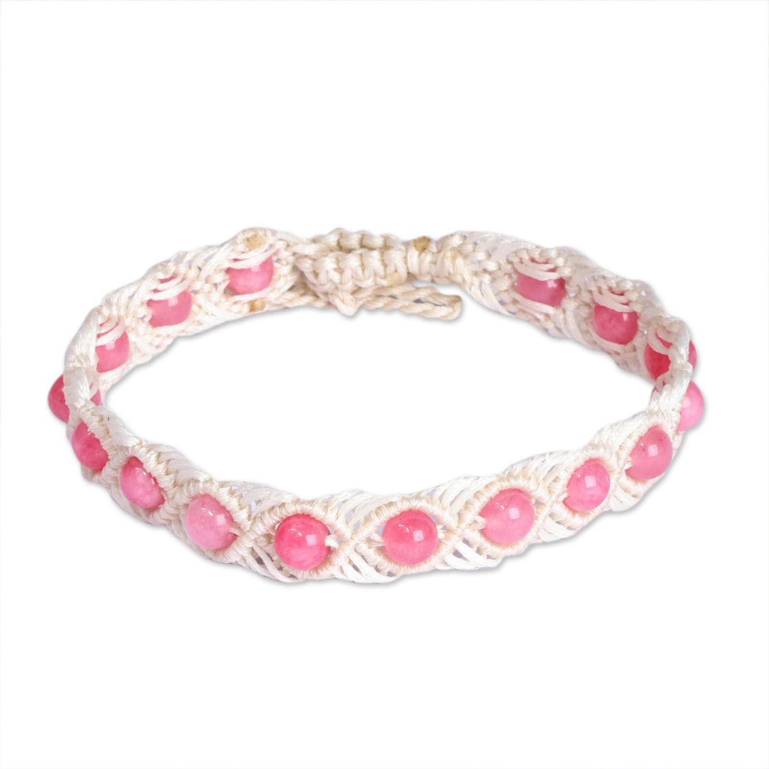 Agate Beaded Macrame Anklet in Pink and White from Armenia - Precious Pink