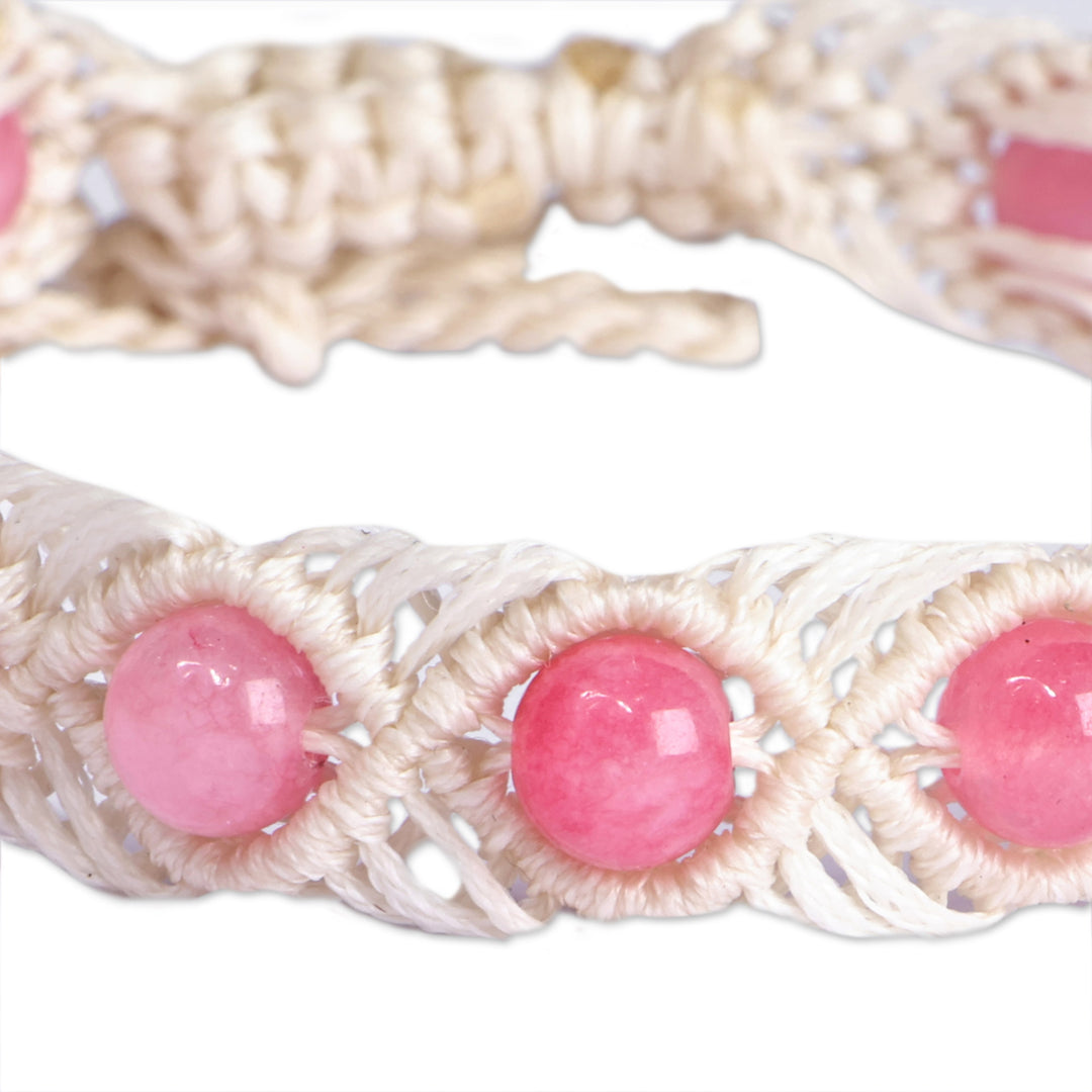 Agate Beaded Macrame Anklet in Pink and White from Armenia - Precious Pink