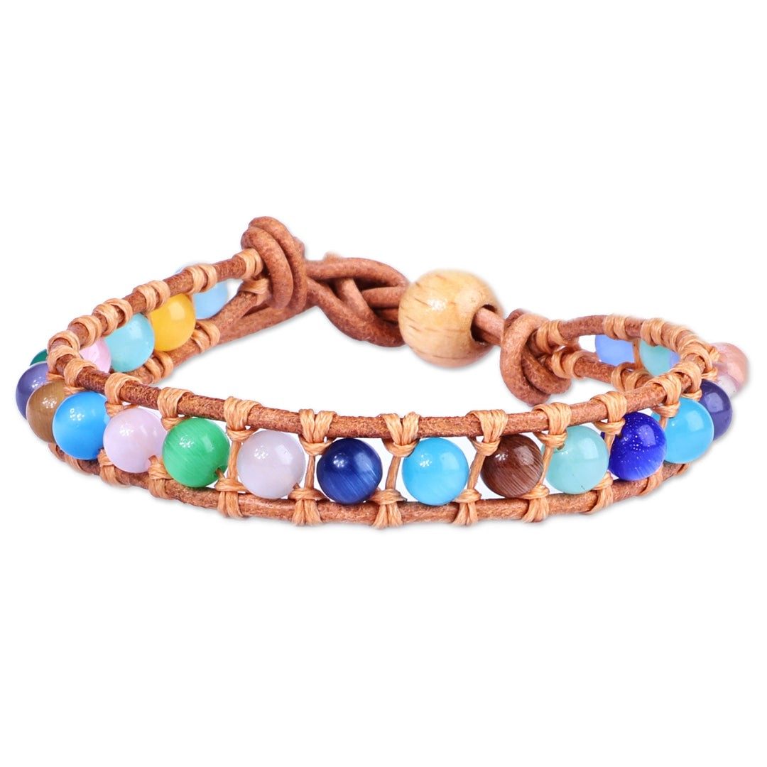 Multicolor Agate Beaded Bracelet with Brown Leather Accents - Summery Colors