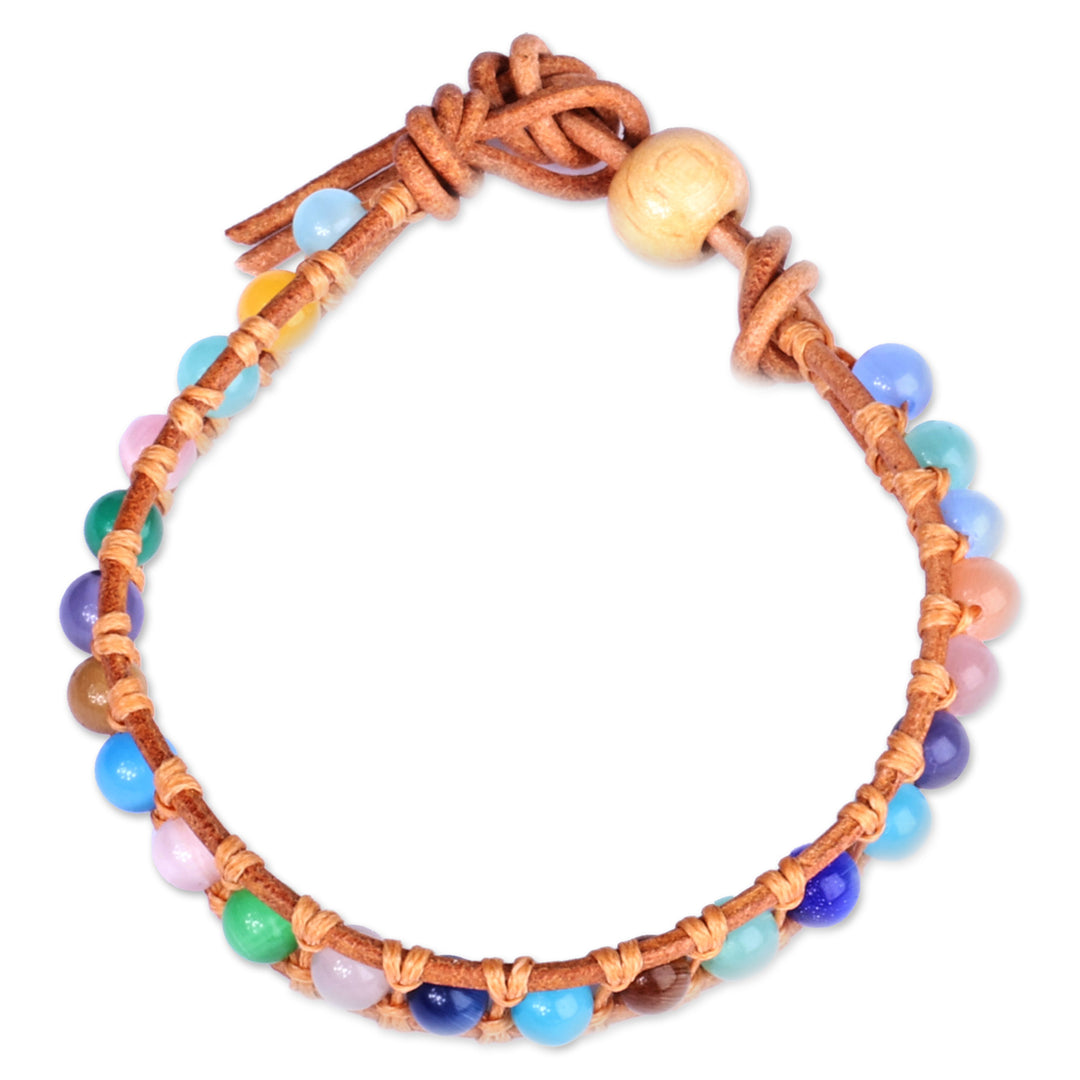 Multicolor Agate Beaded Bracelet with Brown Leather Accents - Summery Colors