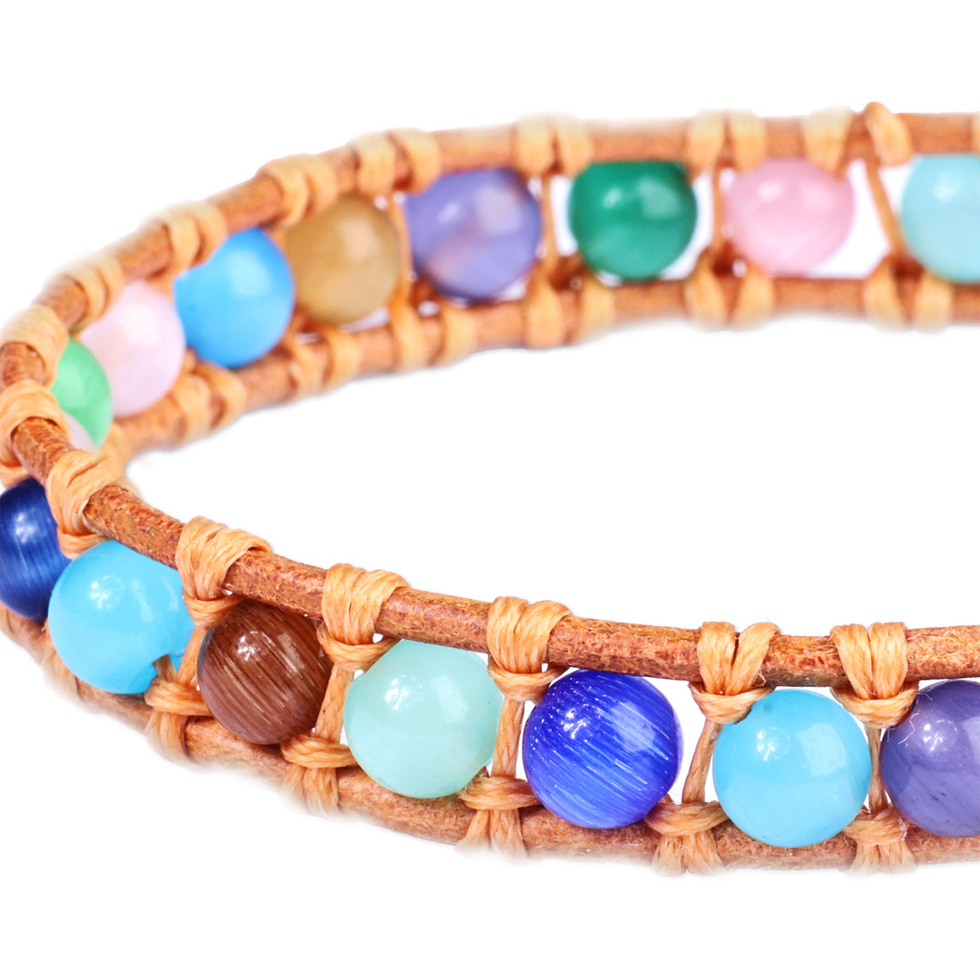 Multicolor Agate Beaded Bracelet with Brown Leather Accents - Summery Colors