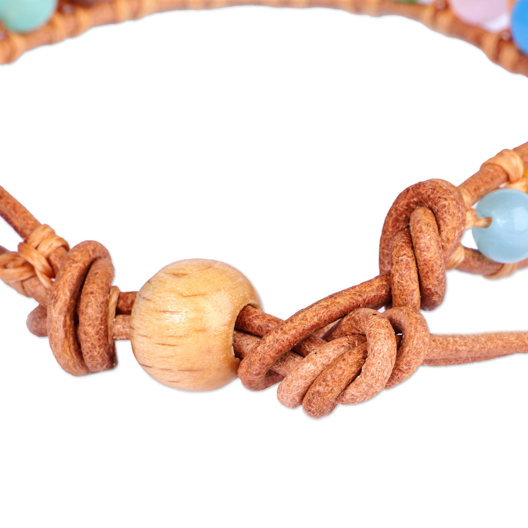 Multicolor Agate Beaded Bracelet with Brown Leather Accents - Summery Colors