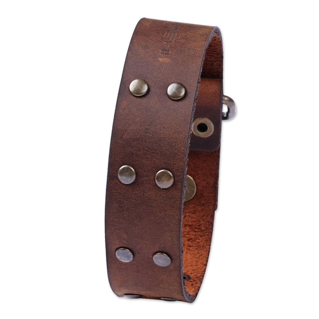Men's Coffee Leather Wristband Bracelet with Brass Accents - Coffee & Bravery