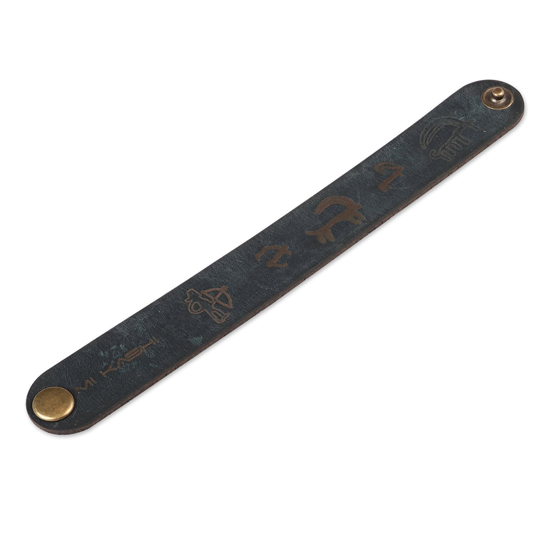 Men's Hieroglyphic-Themed Blue Leather Wristband Bracelet - Signs from the Blue Past