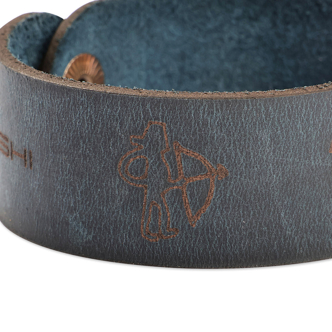 Men's Hieroglyphic-Themed Blue Leather Wristband Bracelet - Signs from the Blue Past