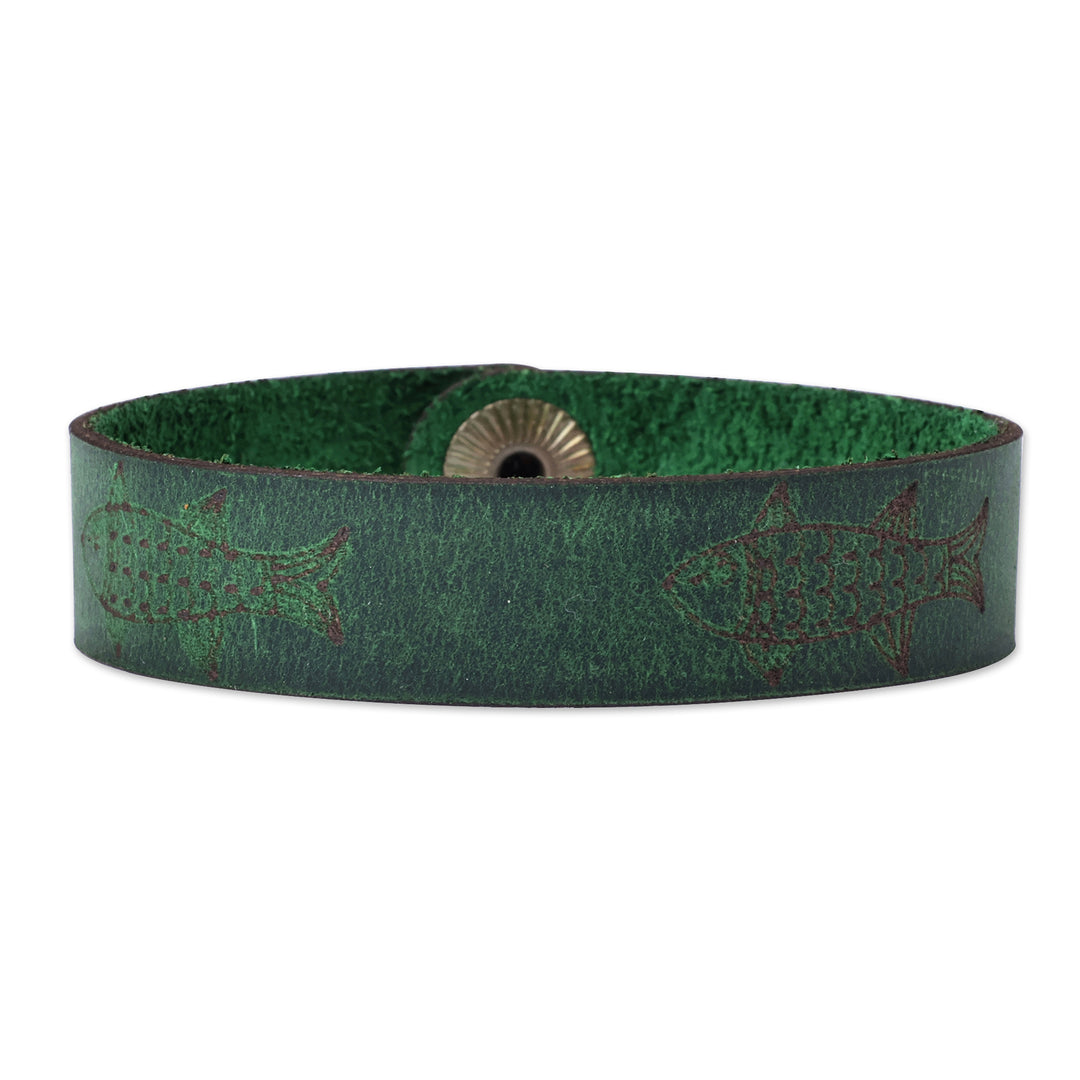 Men's Hieroglyphic-Themed Green Leather Wristband Bracelet - Green Myths