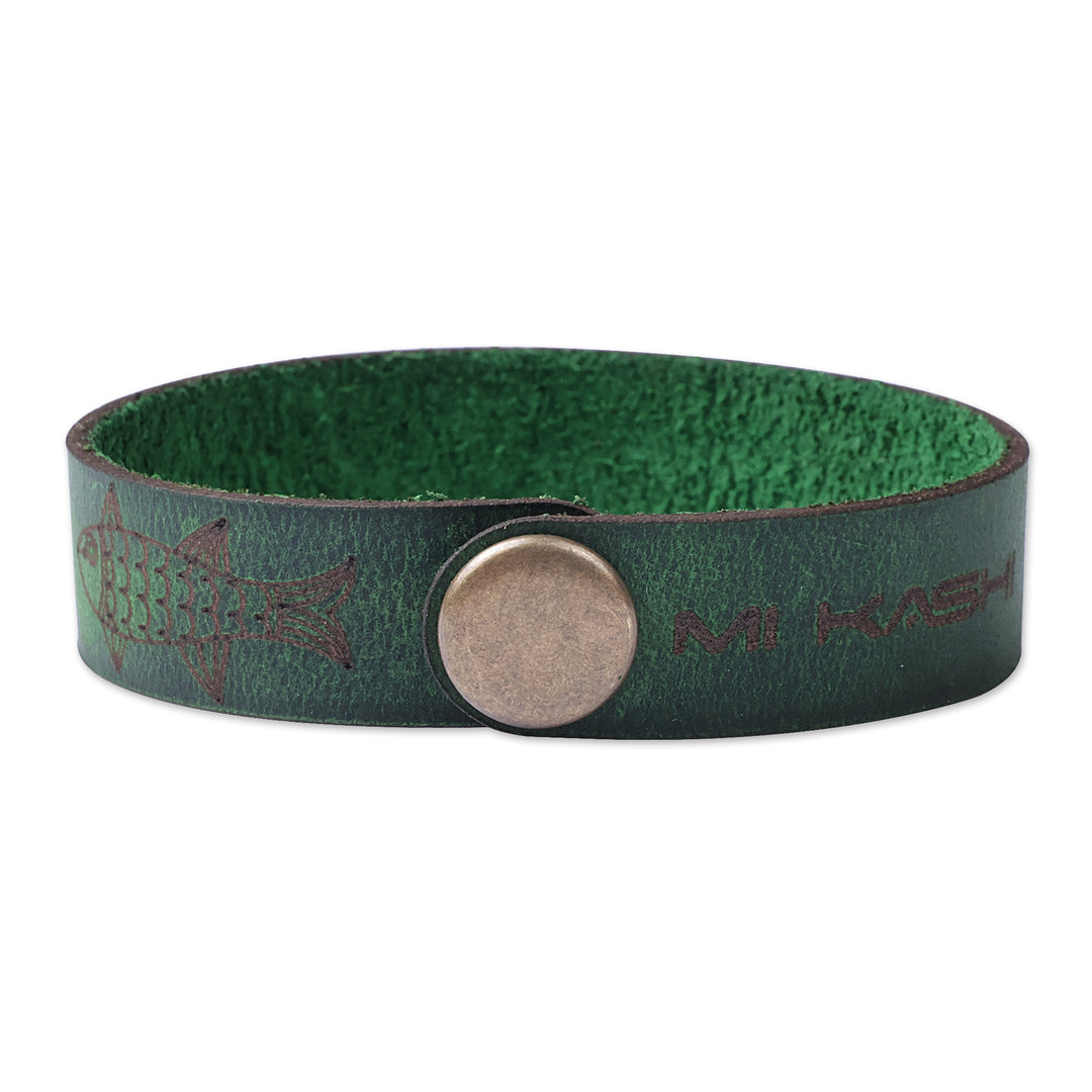 Men's Hieroglyphic-Themed Green Leather Wristband Bracelet - Green Myths