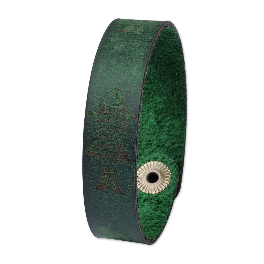 Men's Hieroglyphic-Themed Green Leather Wristband Bracelet - Green Myths