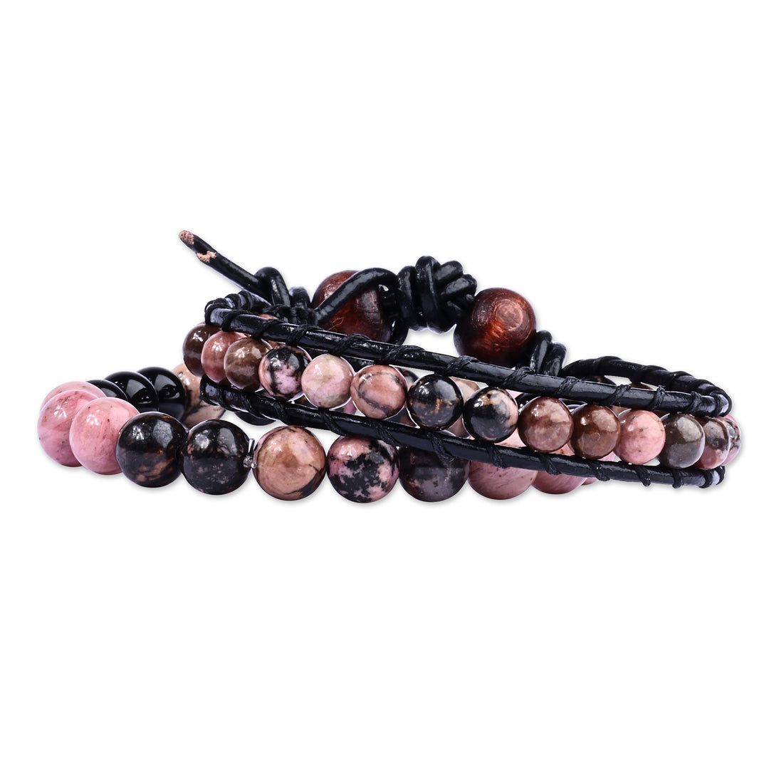 Black Leather and Natural Rhodonite Bracelets (Set of 2) - Compassionate Energies