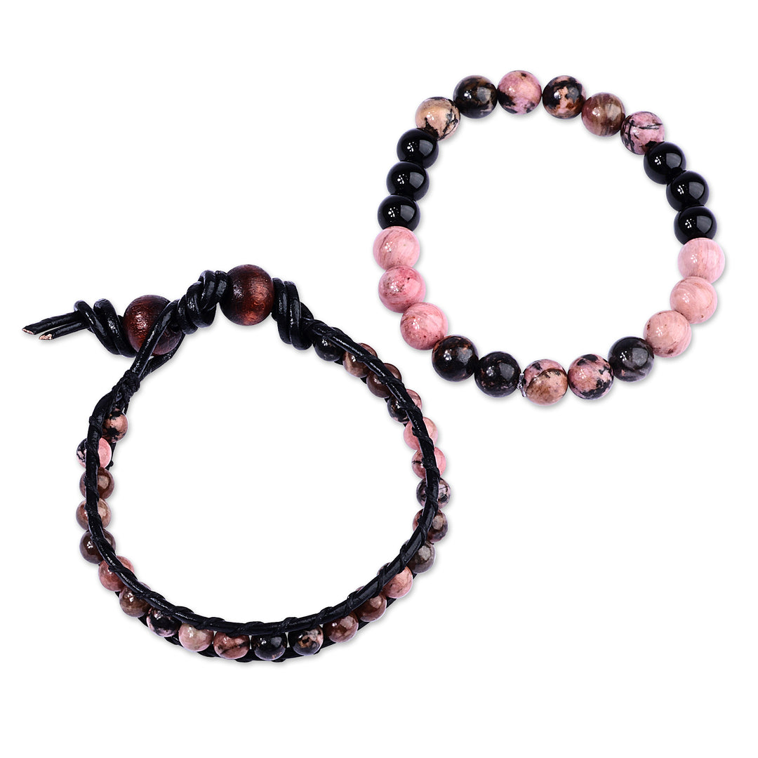 Black Leather and Natural Rhodonite Bracelets (Set of 2) - Compassionate Energies