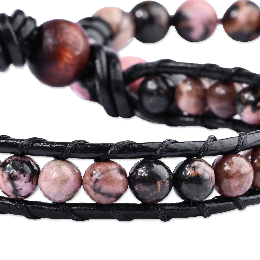 Black Leather and Natural Rhodonite Bracelets (Set of 2) - Compassionate Energies