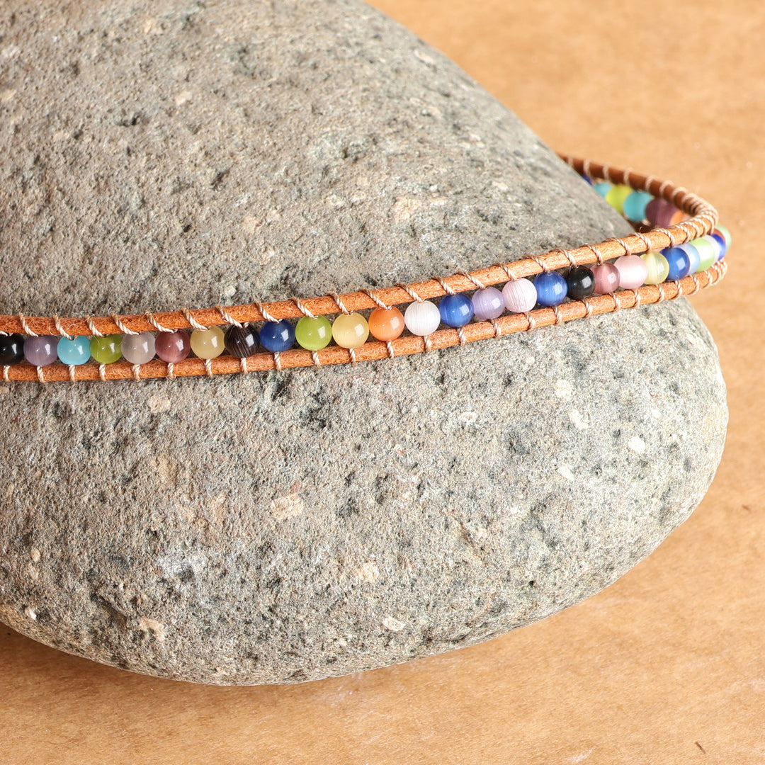 Multicolor Agate Beaded Choker Necklace with Leather Accents - Summery Colors