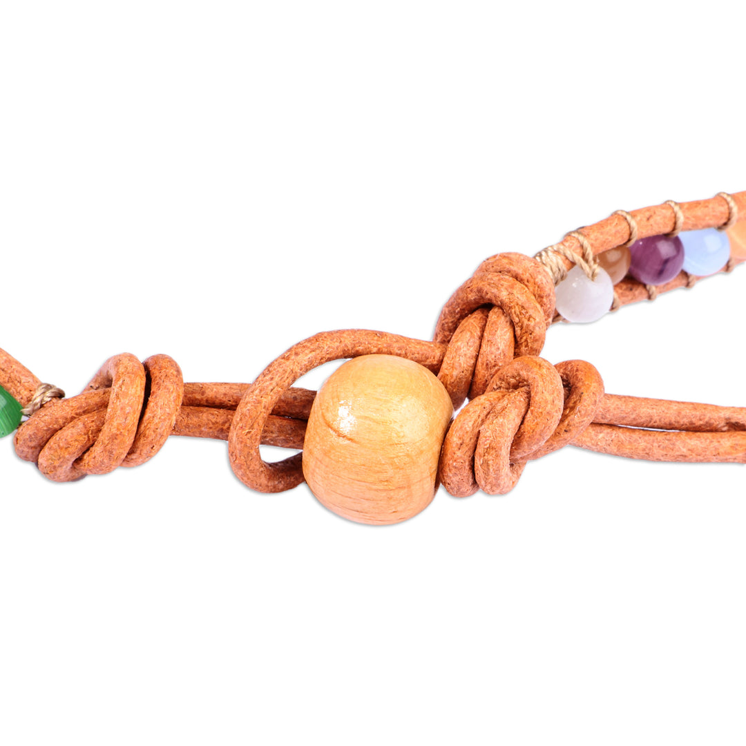 Multicolor Agate Beaded Choker Necklace with Leather Accents - Summery Colors