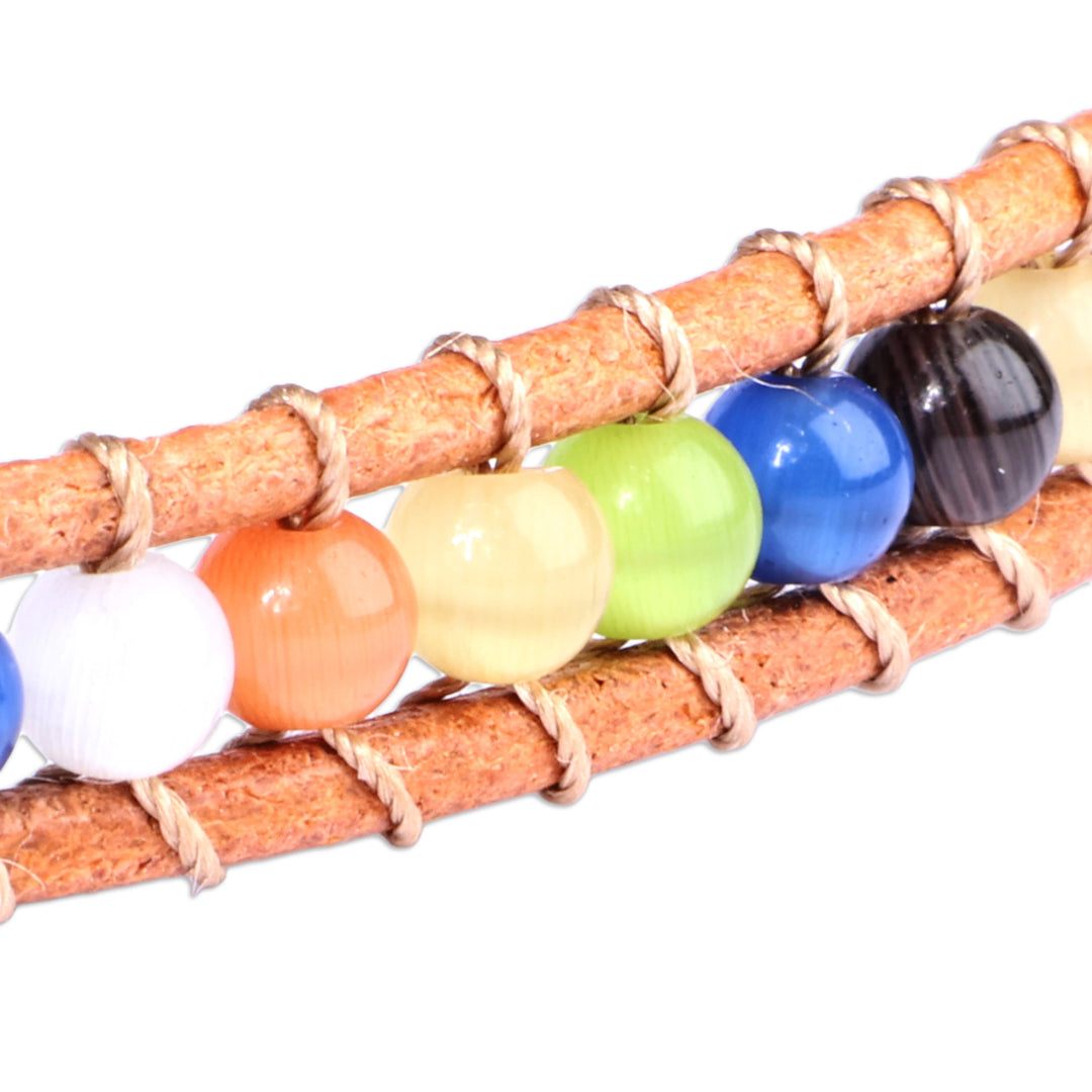 Multicolor Agate Beaded Choker Necklace with Leather Accents - Summery Colors
