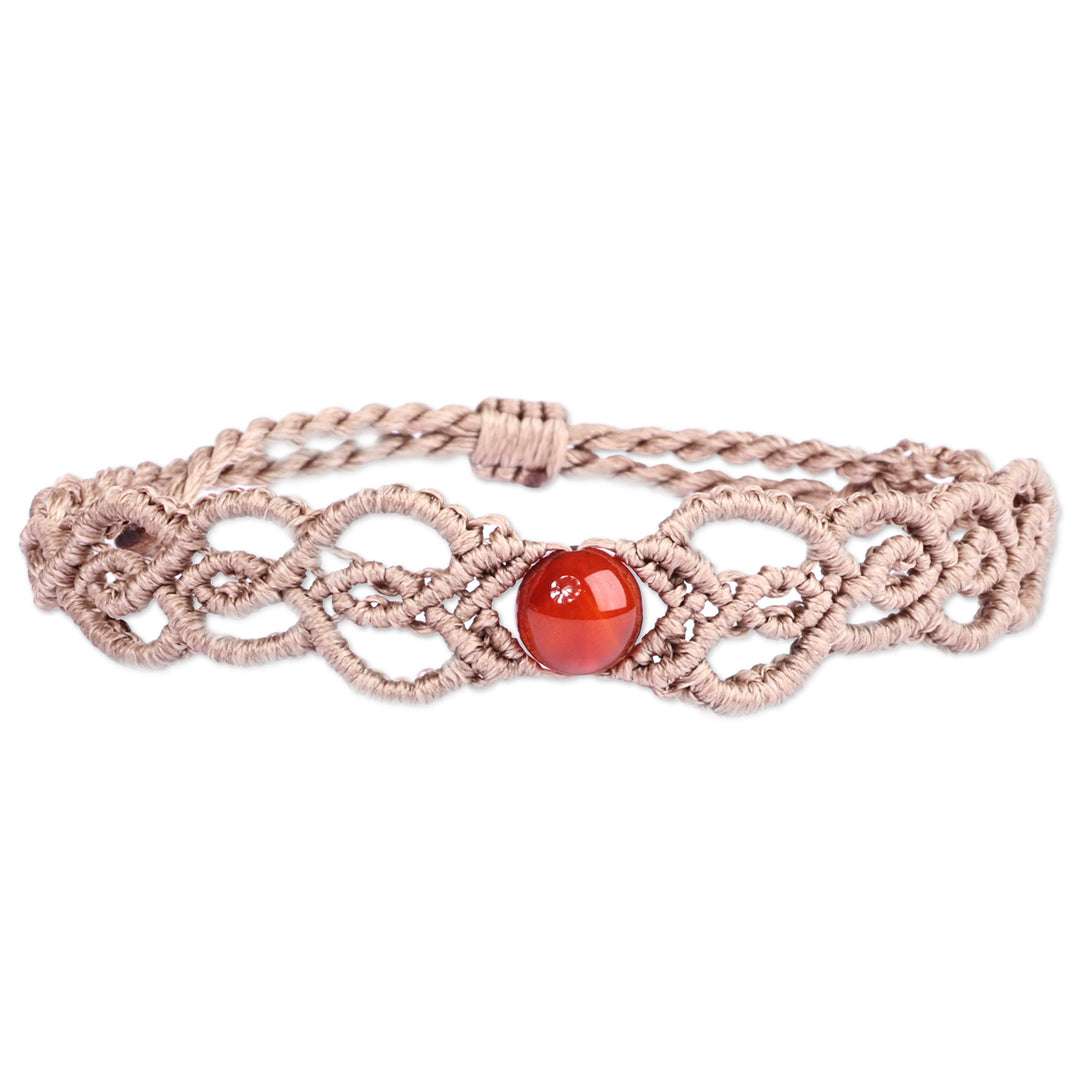 Handmade Beige Cotton Macrame Bracelet with Carnelian Bead - Fire Duchess