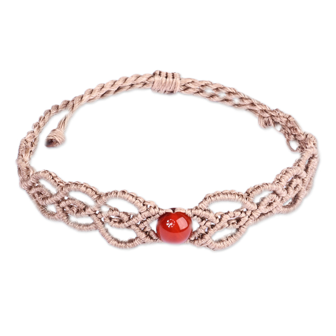 Handmade Beige Cotton Macrame Bracelet with Carnelian Bead - Fire Duchess