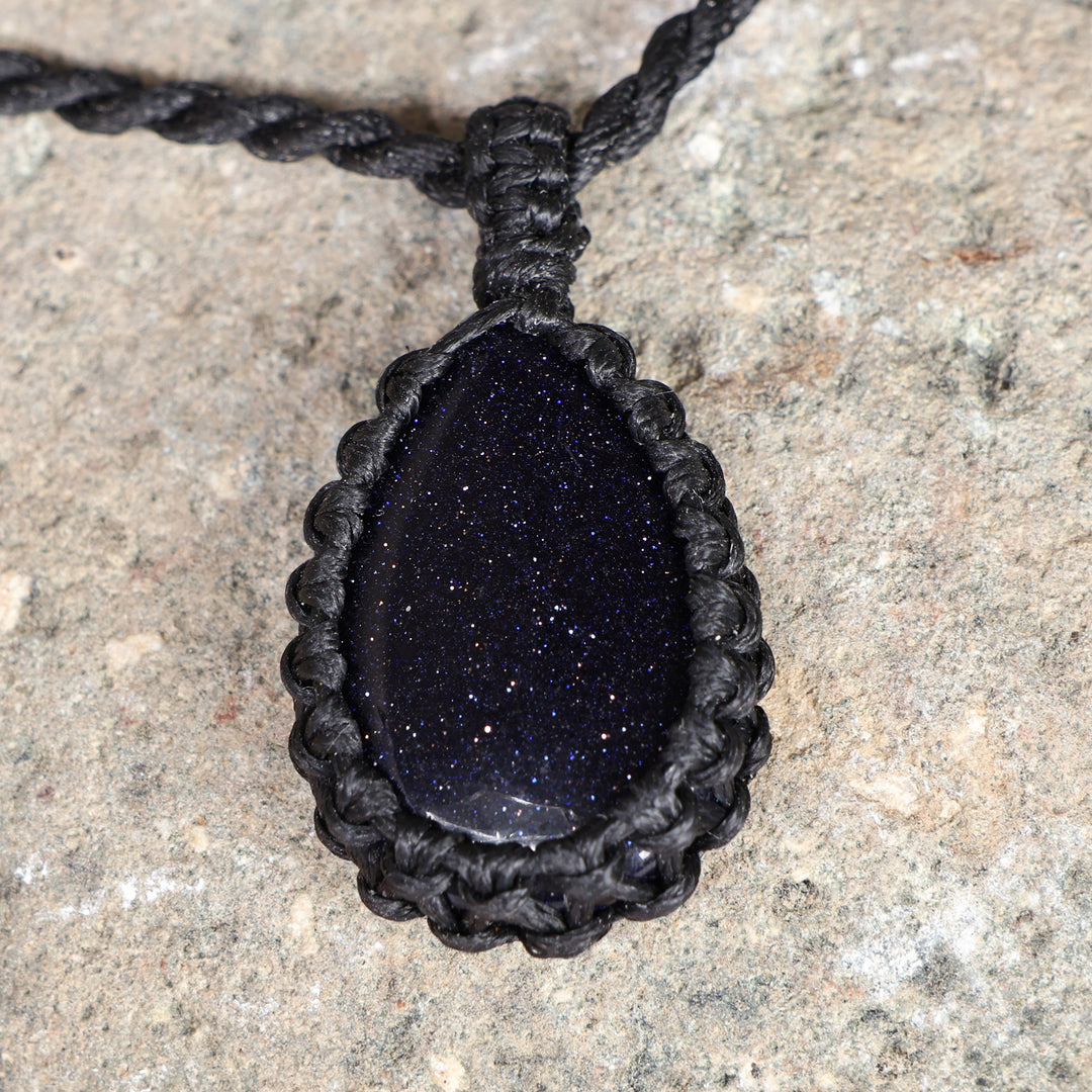Adjustable Black Macrame Glass Pendant Necklace from Armenia - Midnight Flair