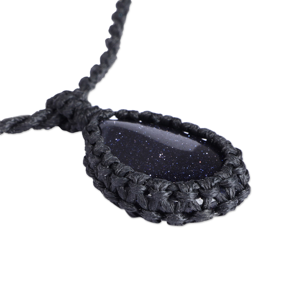 Adjustable Black Macrame Glass Pendant Necklace from Armenia - Midnight Flair