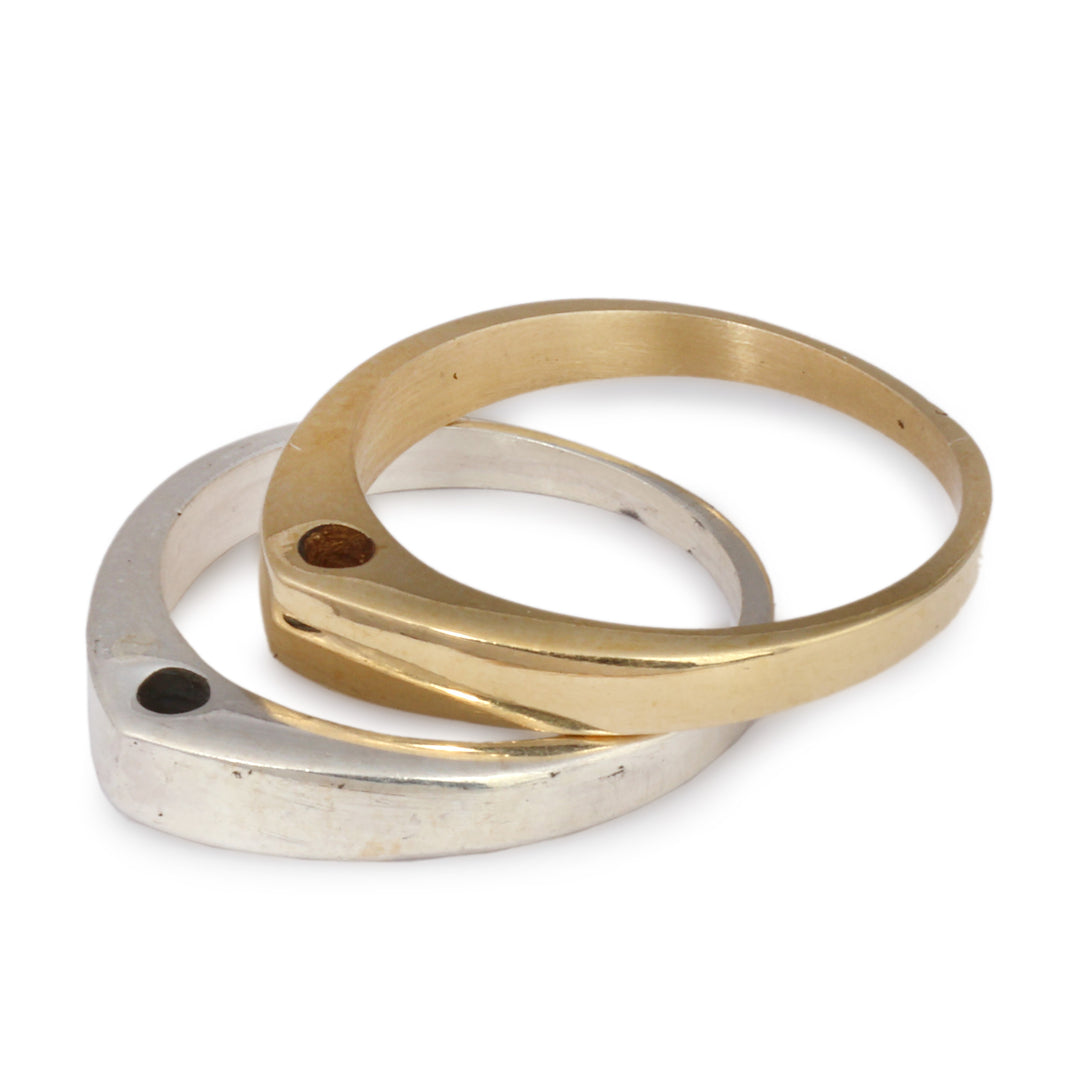 Polished 2-Piece Sterling Silver and Brass Band Ring Set - Pyramid Duo