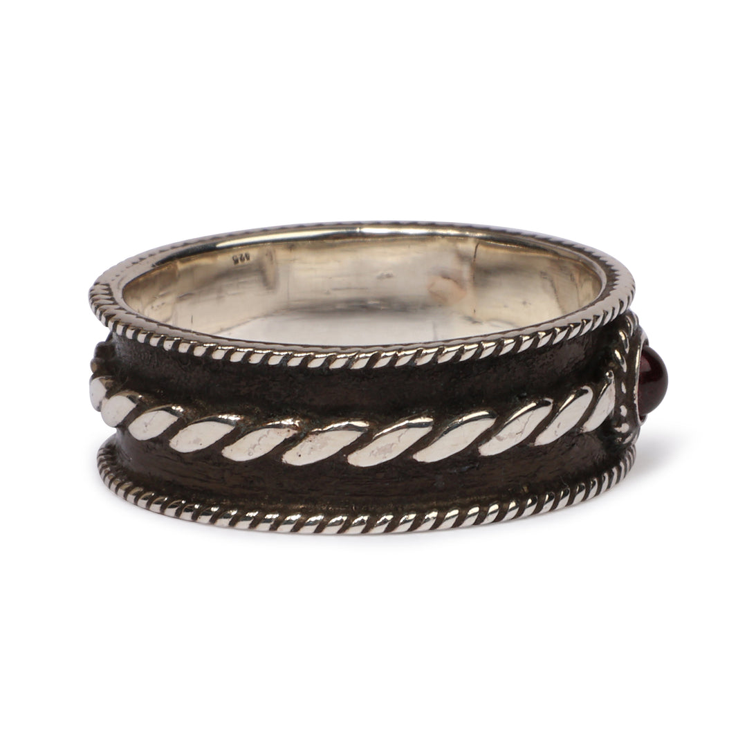 Oxidized and Polished Natural Garnet Band Ring from Armenia - Center of Romance