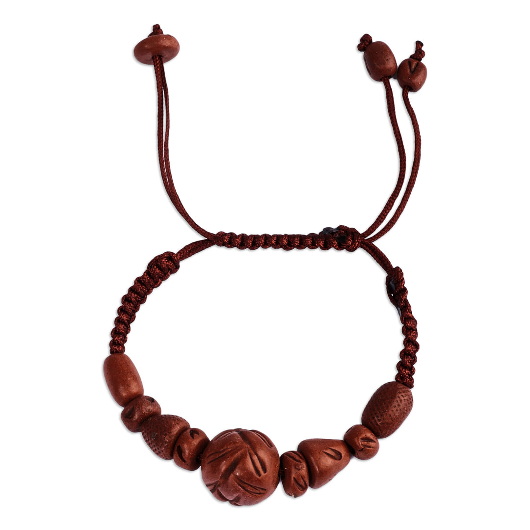 Painted Ceramic Beaded Pendant Bracelet with Macrame Cord - Breathtaking Brown
