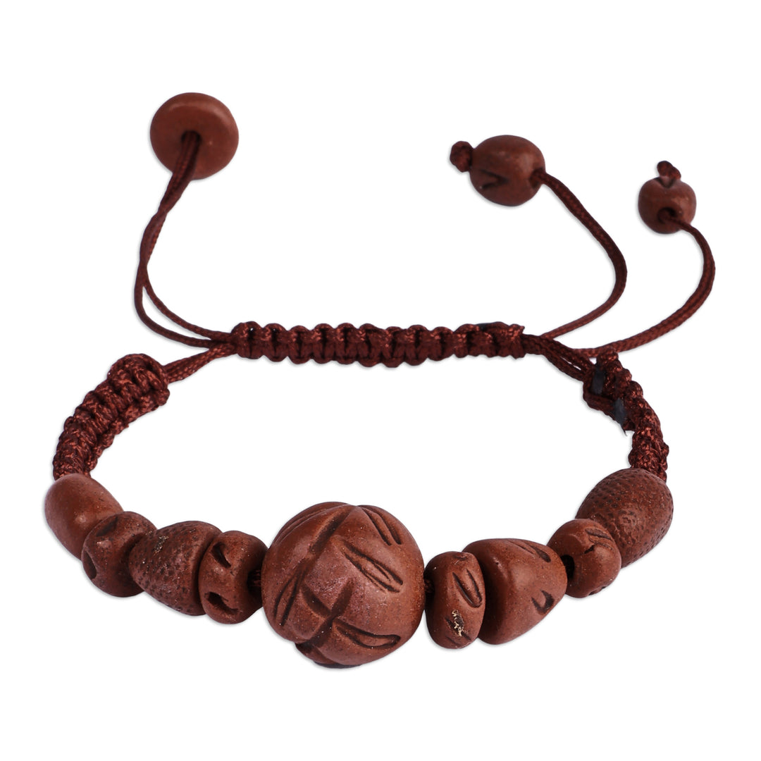 Painted Ceramic Beaded Pendant Bracelet with Macrame Cord - Breathtaking Brown
