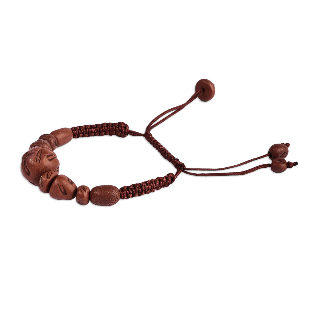 Painted Ceramic Beaded Pendant Bracelet with Macrame Cord - Breathtaking Brown