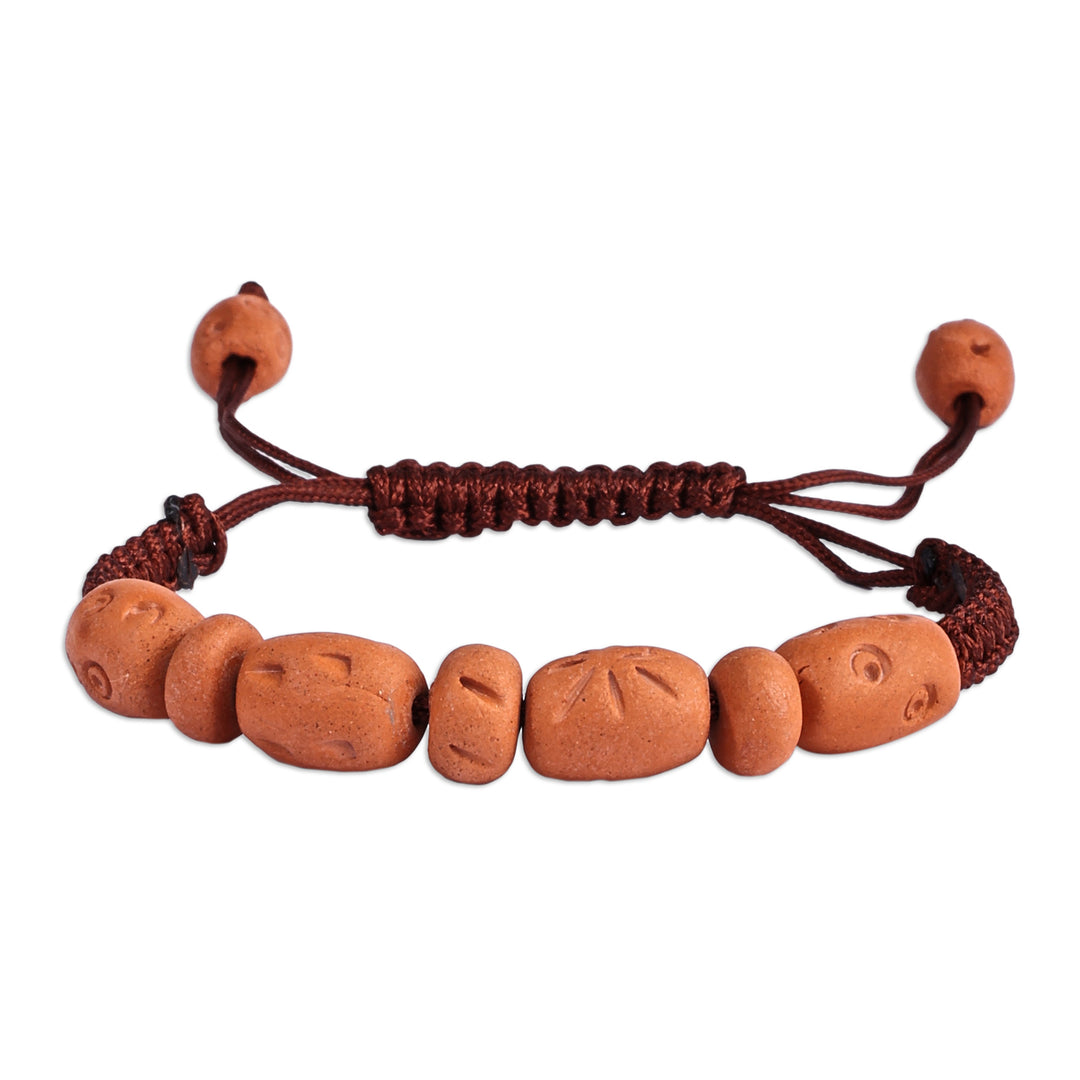 Terracotta Beaded Pendant Bracelet with Brown Macrame Cord - Natural Delight