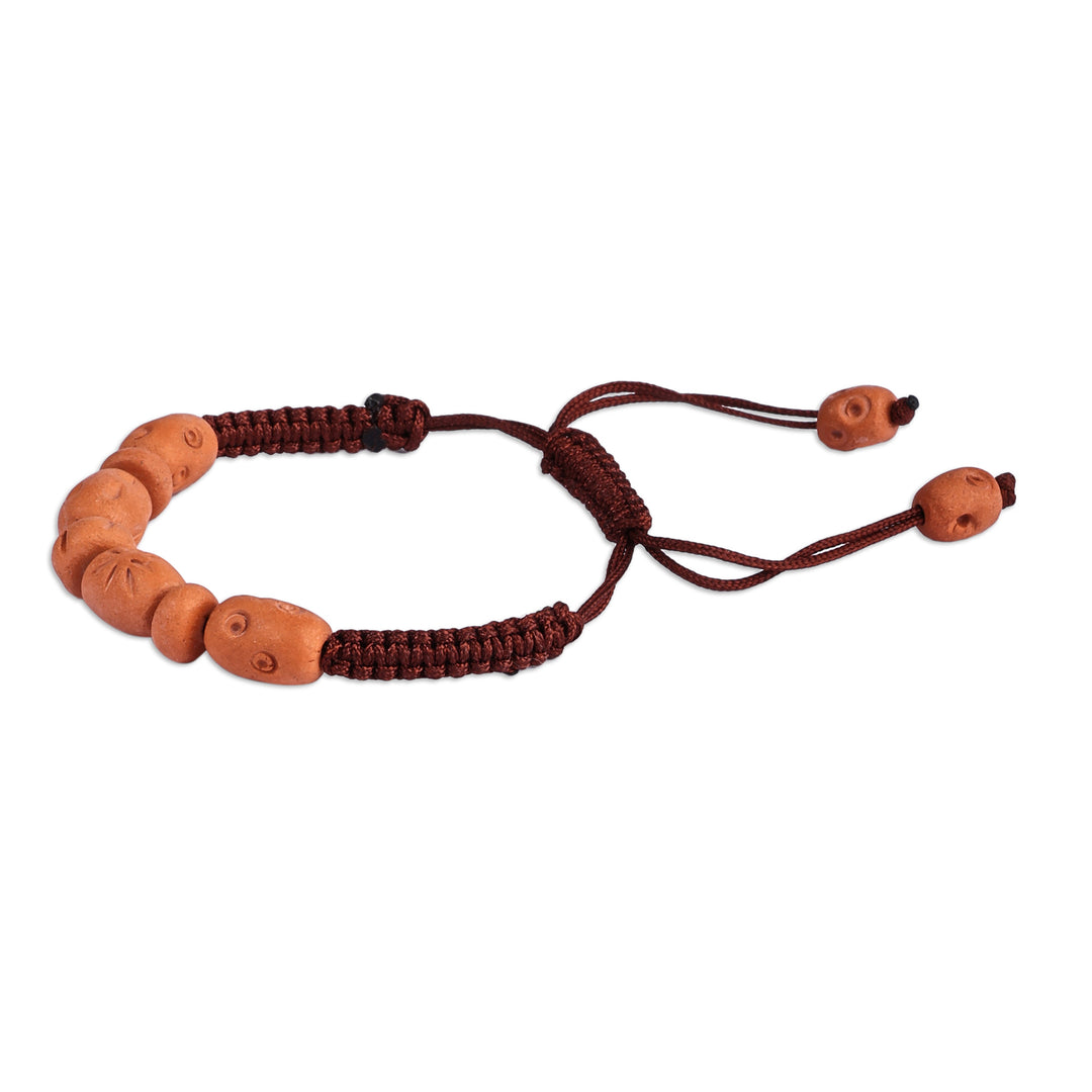 Terracotta Beaded Pendant Bracelet with Brown Macrame Cord - Natural Delight