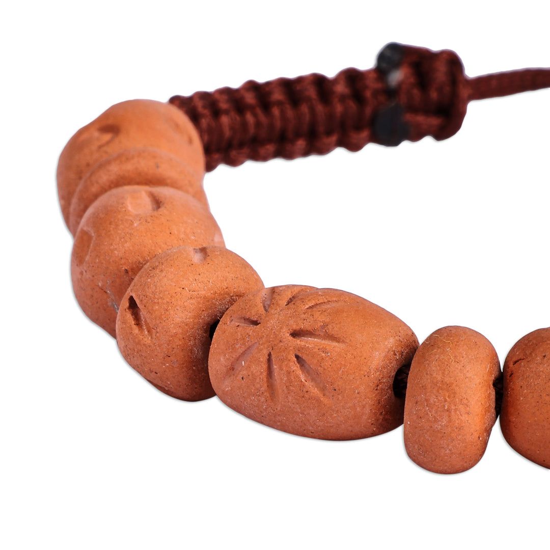 Terracotta Beaded Pendant Bracelet with Brown Macrame Cord - Natural Delight